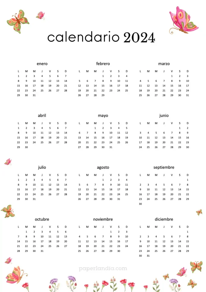 Calendario 2024 anual vertical con mariposas
