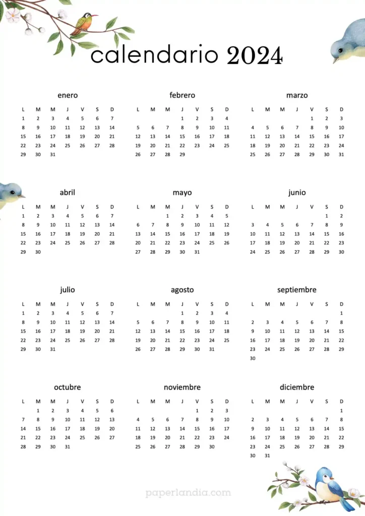 Calendario 2024 anual vertical con pajaritos