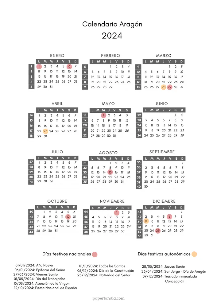 calendario laboral aragon 2024 con semanas y festivos autonomicos