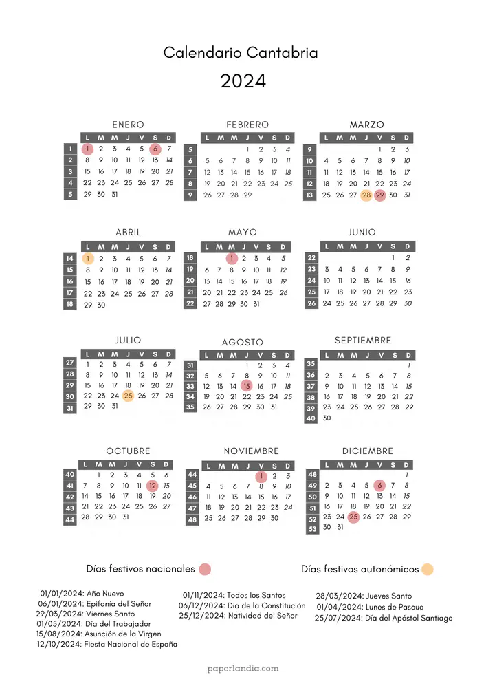 calendario laboral cantabria 2024 con semanas y festivos