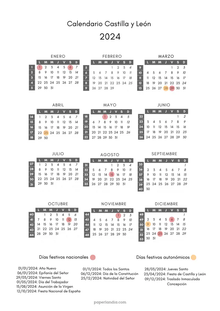 calendario laboral castilla leon 2024 con semanas y festivos autonomicos
