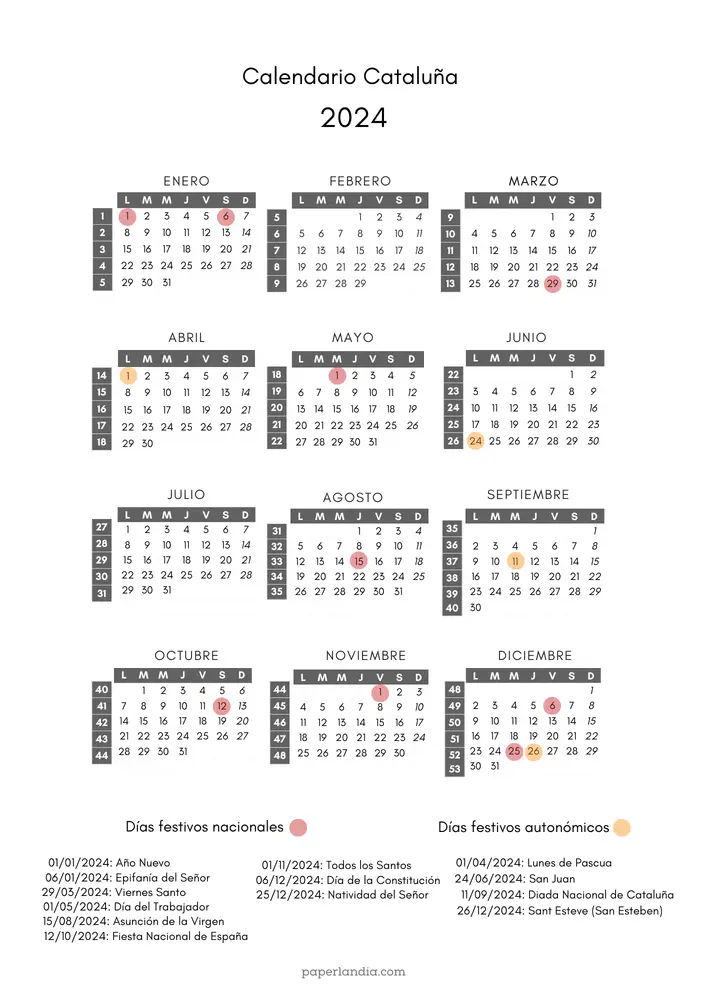 calendario laboral catalunya 2024 con semanas y festivos de la comunidad