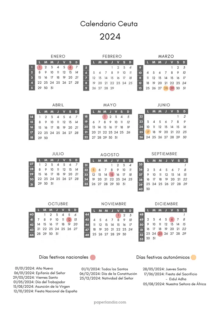 calendario laboral ceuta 2024 semanal con festivos autonomicos