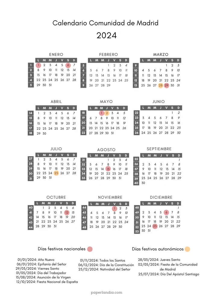 calendario laboral comunidad de madrid 2024 con semanas y festivos autonomicos