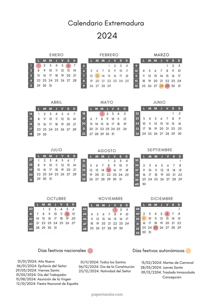 calendario laboral extremadura 2024 con semanas y festivos 