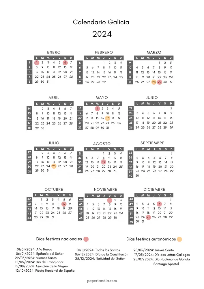 calendario laboral galicia 2024 con semanas y festivos autonomicos