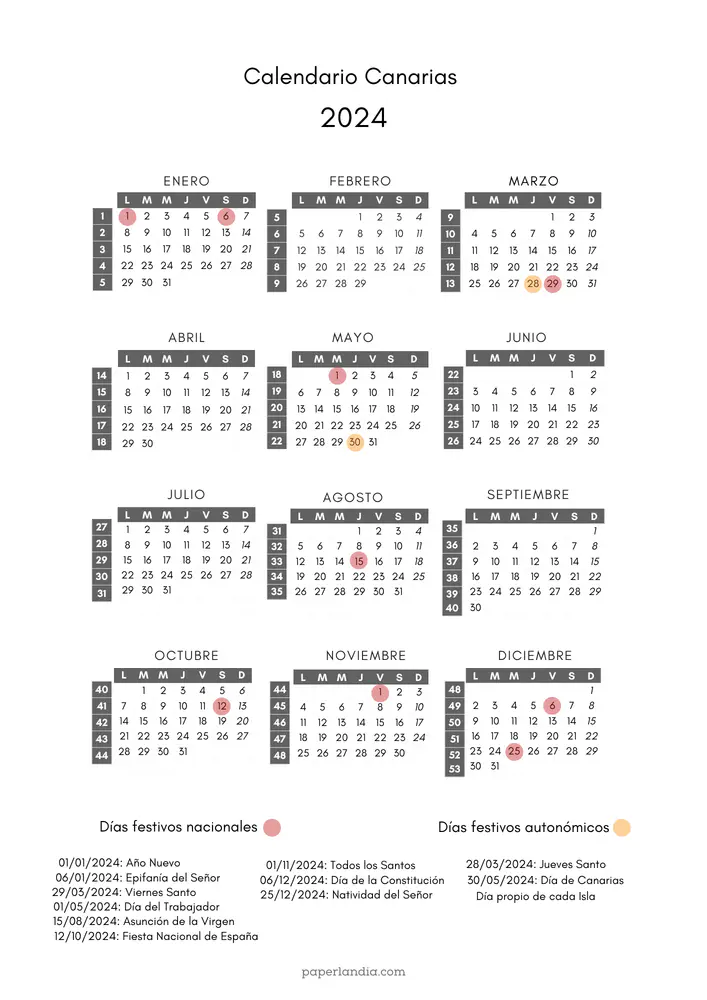 calendario laboral canarias 2024 con semanas y festivos 