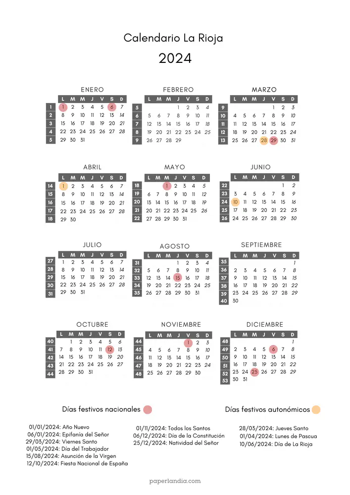 calendario laboral la rioja 2024 con semanas y festivos para imprimir
