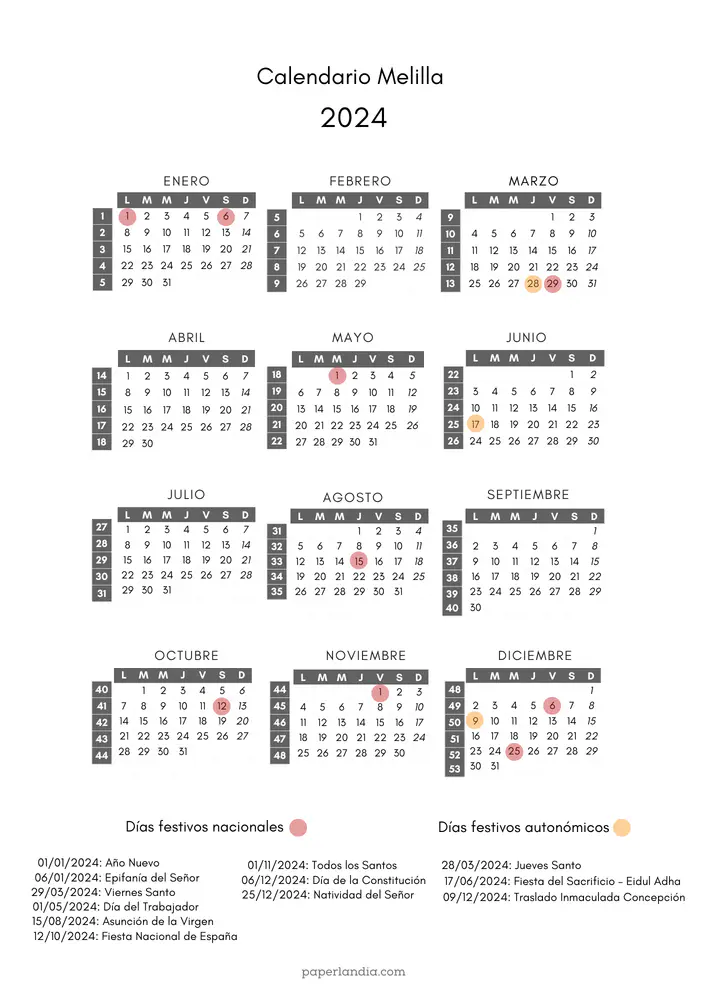 calendario laboral melilla 2024 pdf para imprimir con semanas y festivos de la comunidad 