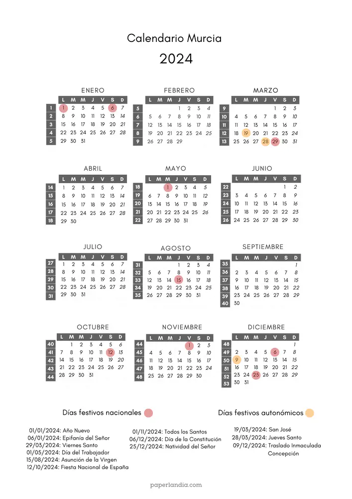calendario laboral murcia 2024 pdf para imprimir con semanas y festivos