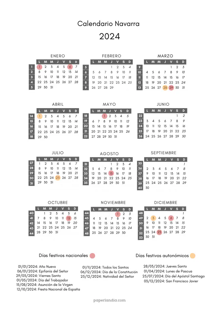 calendario laboral navarra 2024 para imprimir con semanas y festivos 