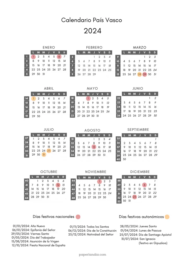 calendario laboral euskadi 2024 con semanas y festivos autonomicos