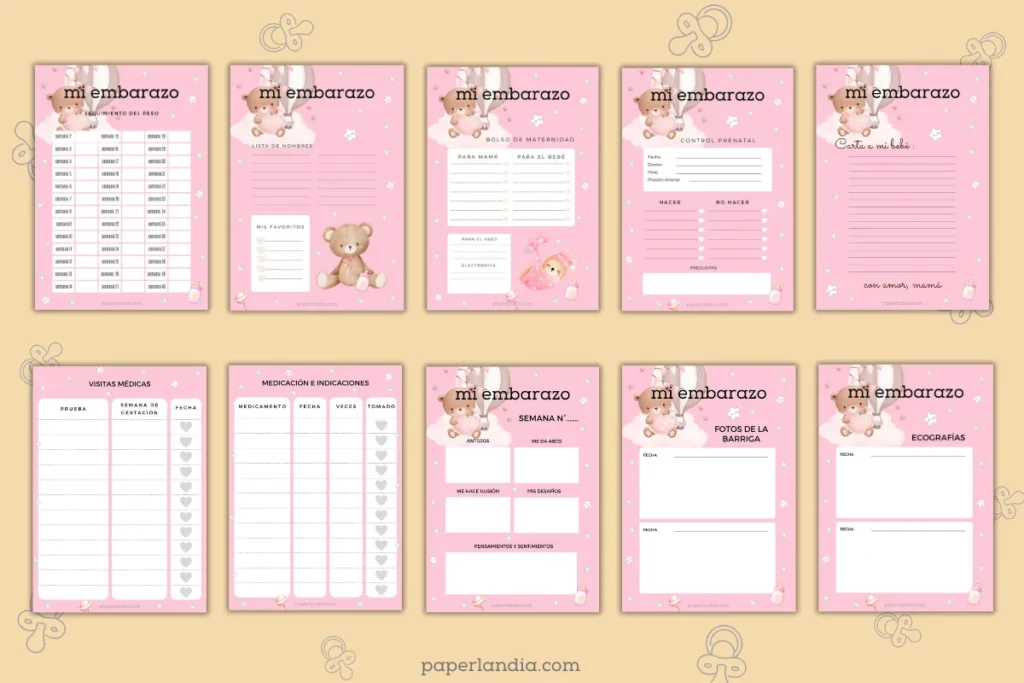 plantillas diario del embarazo rosa para descargar gratis, album del bebe para imprimir gratis