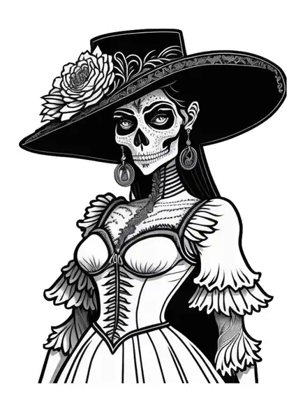 catrina dia de muertos con vestido elegante antiguo y sombrero negro para colorear