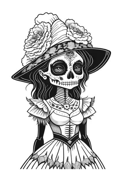 catrina dia de muertos elegante con vestido antiguo para colorear