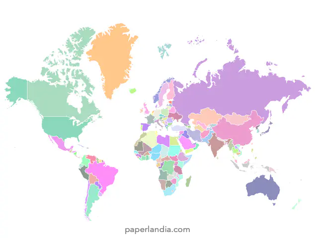 Mapa mundo con division politica paises coloreados y bordes blancos