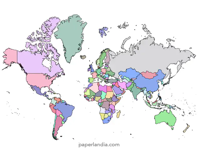 Mapa del mundo con division politica paises coloreados y bordes negros
