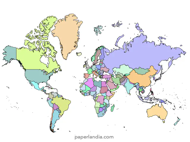 Mapa del mundo con division politica paises coloreados y bordes negros