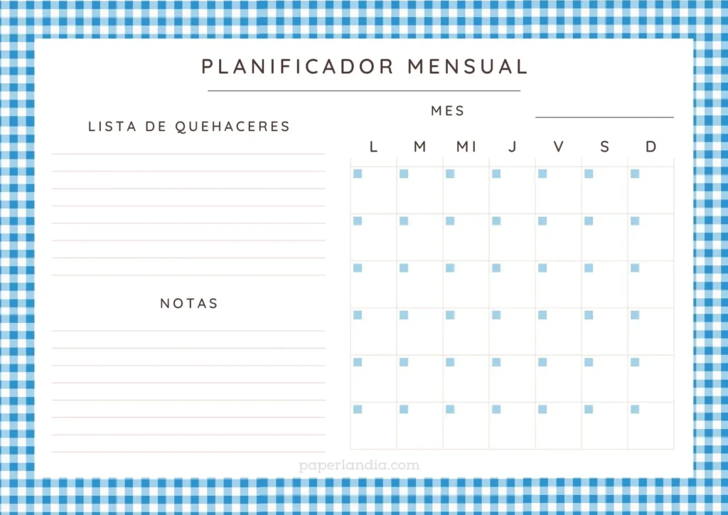 Planificador mensual horizontal con marco a cuadritos azules y blancos