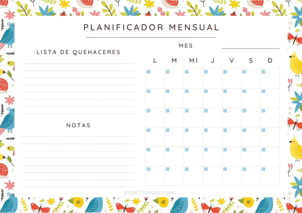 Planificador mensual horizontal marco con flores y pajaritos