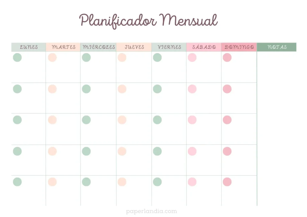 Planificador mensual horizontal multicolor