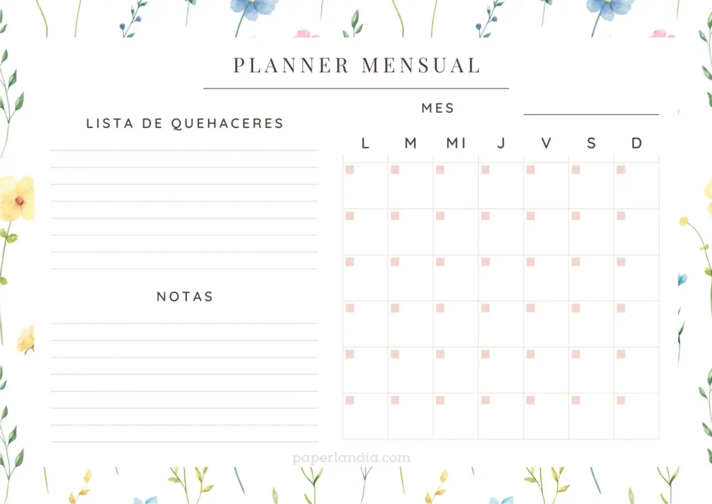Planner mensual horizontal con flores