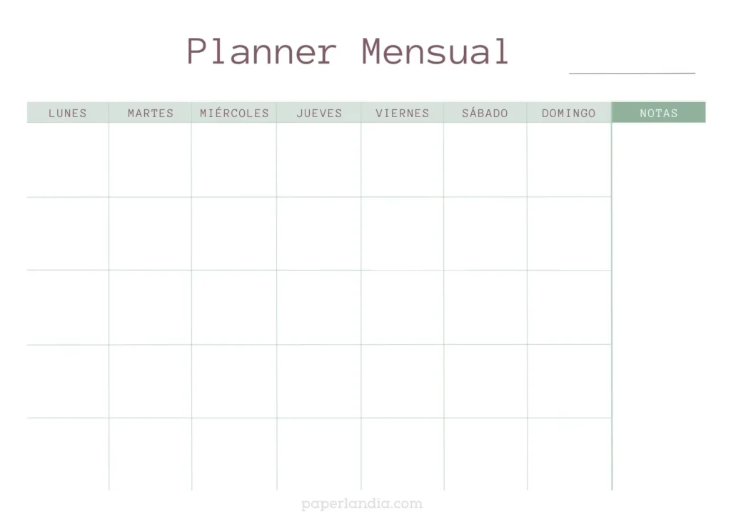 Planner mensual horizontal verde