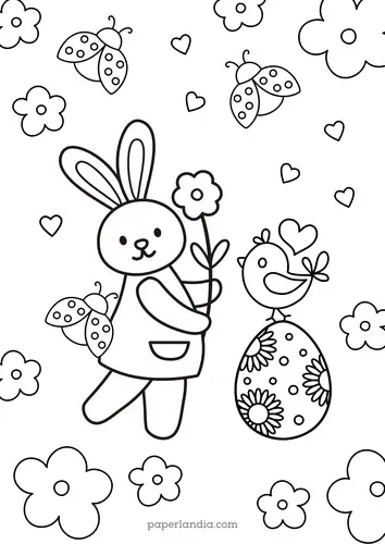 dibujo de pascua facil para colorear con coneja y huevo de pascua